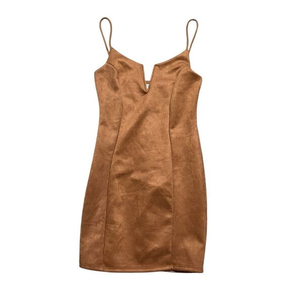 iris Dresses & Skirts - IRIS Faux Leather Tan Mini Dress with Spaghetti Straps Size Small